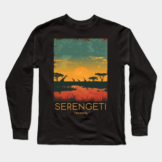 A Vintage Travel Illustration of Serengeti National Park - Tanzania Long Sleeve T-Shirt by goodoldvintage